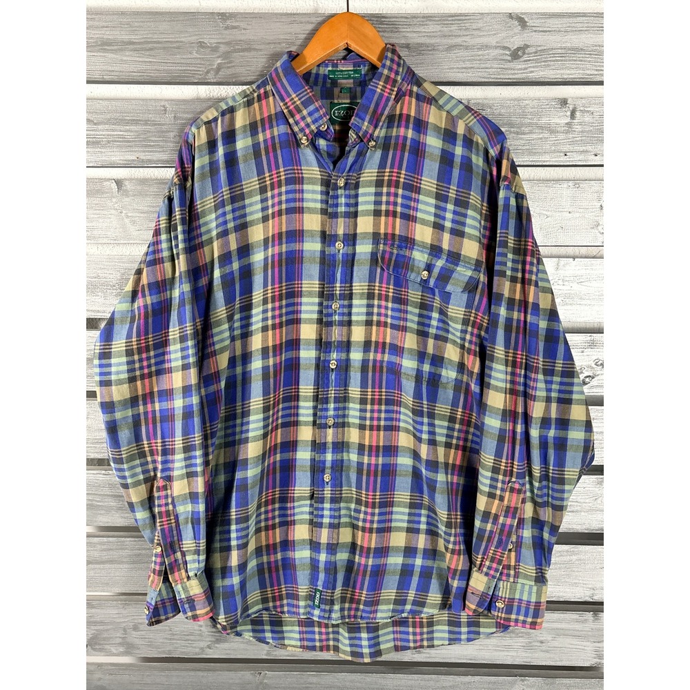 Vintage 90s Izod Mens L Blue Plaid Button Down Shirt Long Sleeve preppy